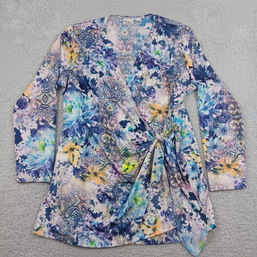 Women with Control Tunic Faux Wrap Top 1X Blue Floral Paisley Side Tie